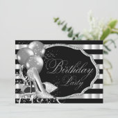 ブラックストライプ シルバー ハイ ヒール 誕生日パーティー 招待状 (スタンド正面)