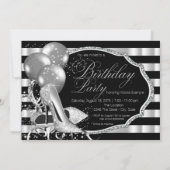 ブラックストライプ シルバー ハイ ヒール 誕生日パーティー 招待状 (裏面)