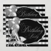 ブラックストライプ シルバー ハイ ヒール 誕生日パーティー 招待状 (正面/裏面)