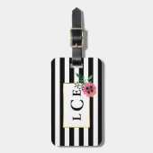 ブラックストライプ&ピンクフローラモノグラム荷物タグ ラゲッジタグ (正面縦)