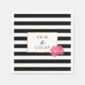 ブラックストライプ&ピンク牡丹 スタンダードカクテルナプキン (正面)