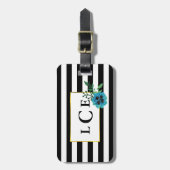 ブラックストライプ&ブルーフローラモノグラム荷物タグ ラゲッジタグ (正面縦)