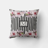 ブラックストリップピンクさくらんぼ花模様モノグラムイニシャル クッション (裏面)