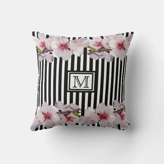 ブラックストリップピンクさくらんぼ花模様モノグラムイニシャル クッション (裏面)
