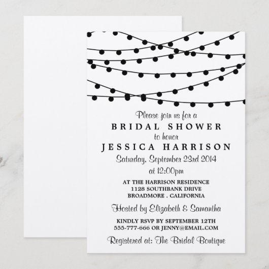 ブラックストリングライトオンクラフト素朴ブライダルシャワー 招待状 (正面/裏面)