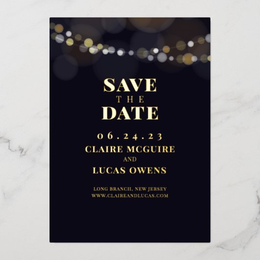 ブラックストリングライト箔押しSave the Date 箔招待状 (正面)