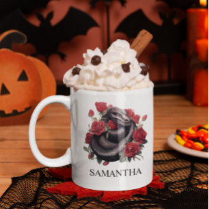 ブラックスネーク イン ローズ ウォーターカラー ゴス コーヒーマグカップ