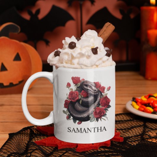 ブラックスネーク イン ローズ ウォーターカラー ゴス コーヒーマグカップ