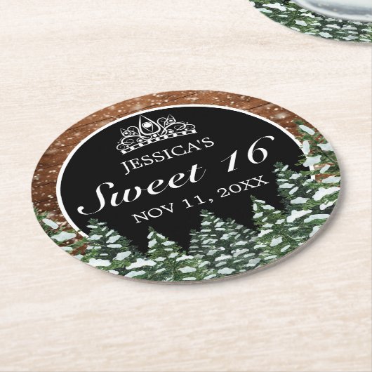 ブラックスノーウッド&フォレストパインティアラスイート16 ラウンドペーパーコースター (アングル)