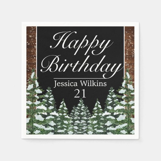 ブラックスノーウッド&フォレストパインハッピーバースデー スタンダードカクテルナプキン (正面)
