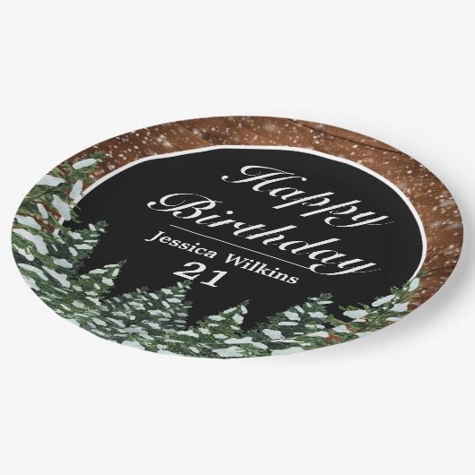 ブラックスノーウッド&フォレストパインハッピーバースデー ペーパープレート (アングル)