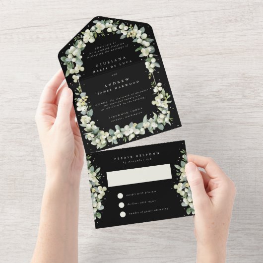 ブラックスノーベリー+ユーカリウェディングレセプションのみ オールインワン招待状 (貼ってはがせる)