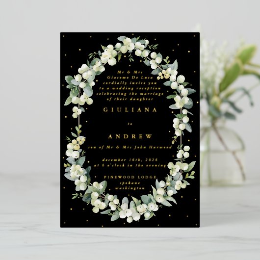 ブラックスノーベリー+ユーカリウェディングレセプションのみ 箔招待状 (立ち正面)