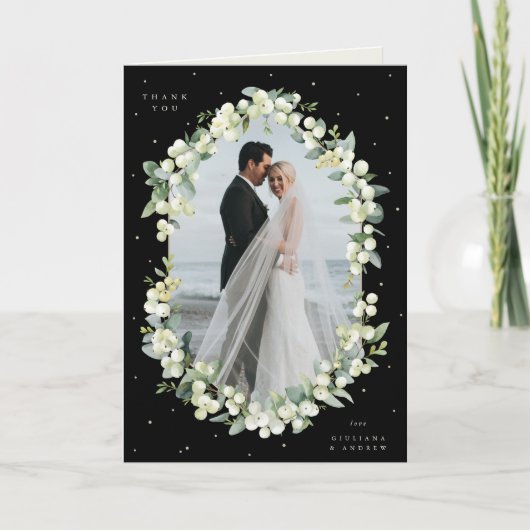ブラックスノーベリー+ユーカリ結婚スの写真を折り畳み サンキューカード (正面)