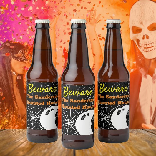 ブラックスパイダーウェブと可愛いモダン幽霊 ビールラベル