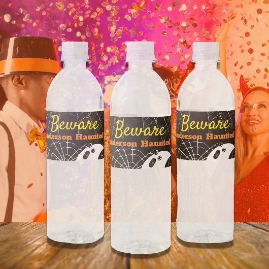 ブラックスパイダーウェブと可愛いモダン幽霊 ペットボトルラベル