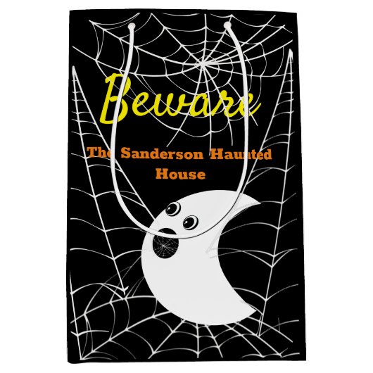 ブラックスパイダーウェブと可愛いモダン幽霊 ミディアムペーパーバッグ (正面)