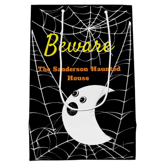 ブラックスパイダーウェブと可愛いモダン幽霊 ミディアムペーパーバッグ (裏面)