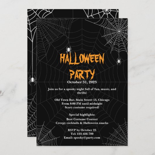 ブラックスパイダーウェブタイポグラフィハローウィンパーティ 招待状 (正面/裏面)