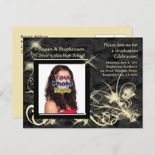 ブラックスパークルスワール卒業発表 インビテーションポストカード (正面/裏面)