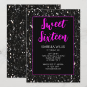 ブラックスパークルズスウィート16ネオンピンクエレガントスクリプト 招待状 (正面/裏面)