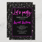 ブラックスパークルズスウィート16ネオンピンクレッツパーティー 招待状 (正面/裏面)