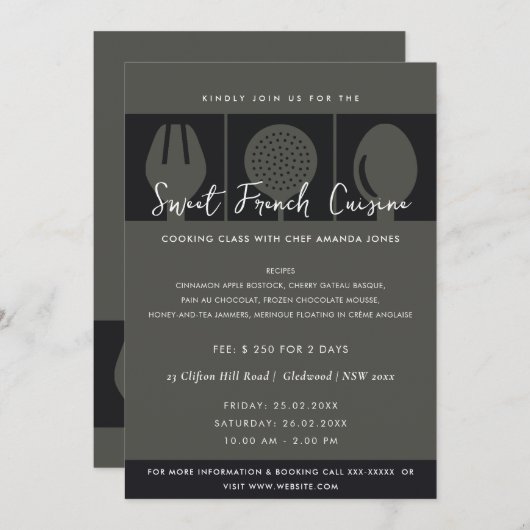 ブラックスプーンフォーク料理クラス招待状テンプレート 招待状 (正面/裏面)