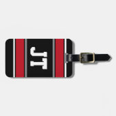 ブラックスポーツとレッドスポーツストライプのパーソナライズされた ラゲッジタグ (正面横)