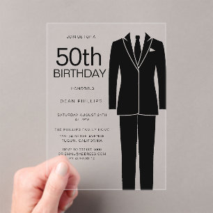 ブラックスーツ洗練されたメンズ50th誕生日パーティー アクリル招待状