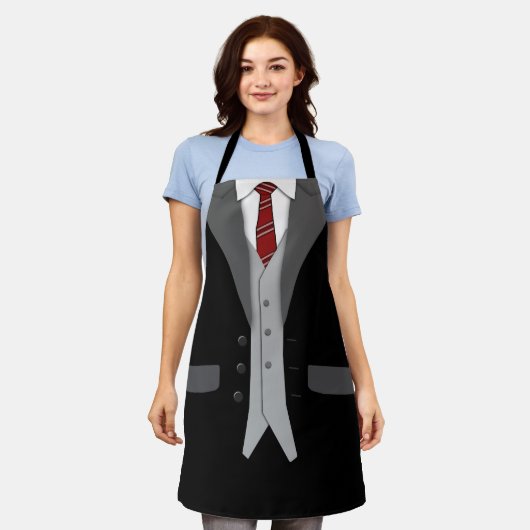 ブラックスーツ赤いネクタイとベスト エプロン (着用した状態)