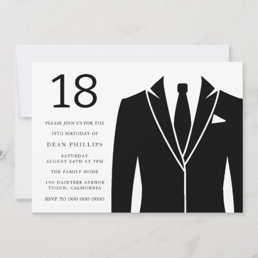 ブラックスーツ&タイ18thバースデーパーティーへの招待 招待状 (正面)
