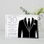 ブラックスーツ&タイ30th誕生日パーティーシルバー 箔招待状 (立ち正面)