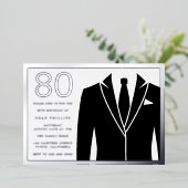 ブラックスーツ&タイ80thバースデーパーティーシルバー 箔招待状 (立ち正面)