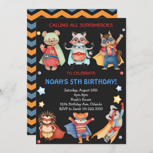 ブラックスーパーヒーロー子供の誕生日招待状 招待状 (正面/裏面)