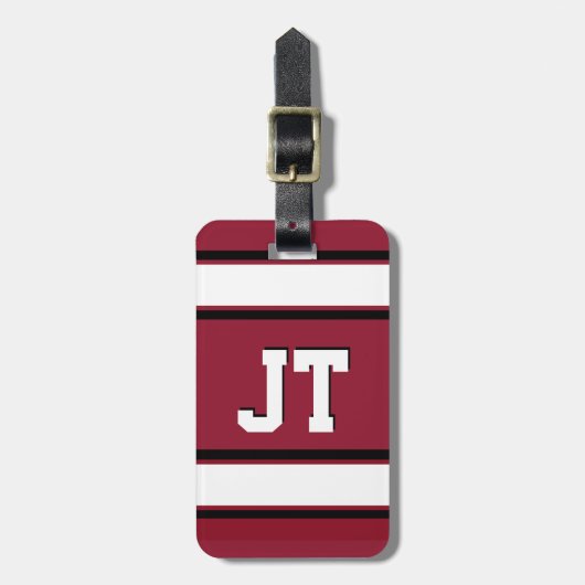 ブラックス赤と白ポーツストライプのパーソナライズされた ラゲッジタグ (正面縦)