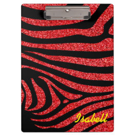 ブラックゼブラストライプネームティール（緑がかった色）グリッター クリップボード