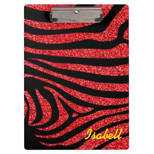 ブラックゼブラストライプネームティール（緑がかった色）グリッター クリップボード (正面)