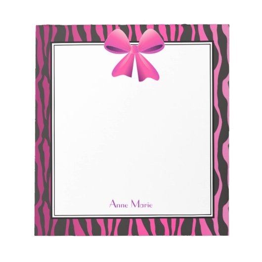 ブラックゼブラストライプ付きピンクボウ ノートパッド (正面)