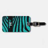 ブラックゼブラストライプ名ティール（緑がかった色）グリッター ラゲッジタグ (正面横)