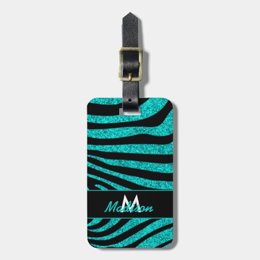 ブラックゼブラストライプ名ティール（緑がかった色）グリッター ラゲッジタグ (正面縦)