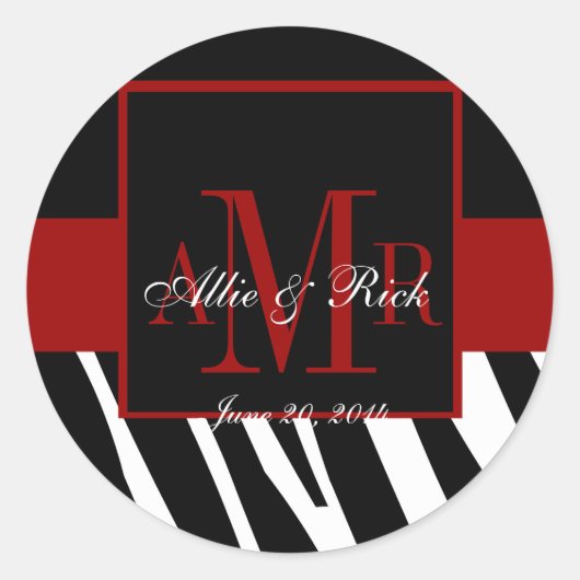 ブラックゼブラモノグラム名結婚式の引き出物ラベル ラウンドシール (正面)