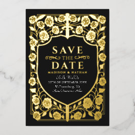 ブラックソードシールド中世モノグラム日付保存 箔招待状