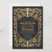 ブラックソードシールド中世モノグラム結婚ズ 招待状 (正面)