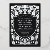 ブラックソードシールド中世モノグラム結婚ズ 箔招待状 (正面)