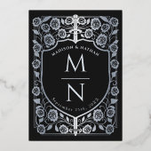 ブラックソードシールド中世モノグラム結婚ズ 箔招待状 (裏面)