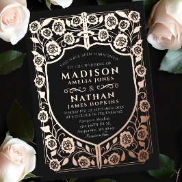 ブラックソードシールド中世モノグラム結婚ズ 箔招待状