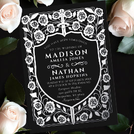 ブラックソードシールド中世モノグラム結婚ズ 箔招待状