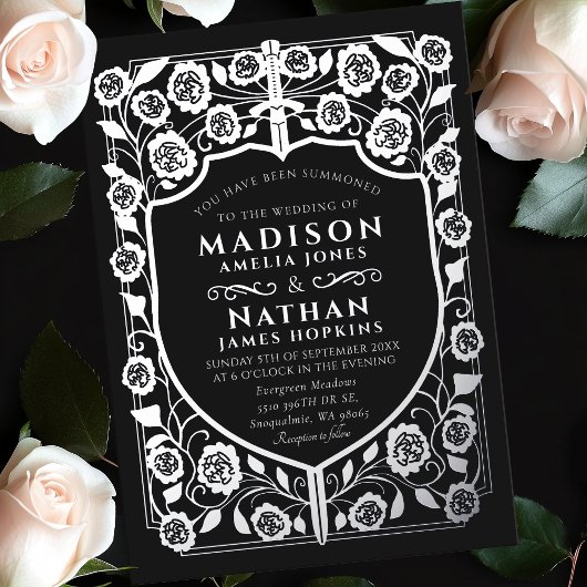 ブラックソードシールド中世モノグラム結婚ズ 箔招待状