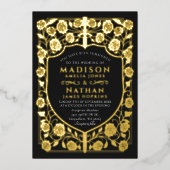 ブラックソードシールド中世モノグラム結婚ズ 箔招待状 (正面)