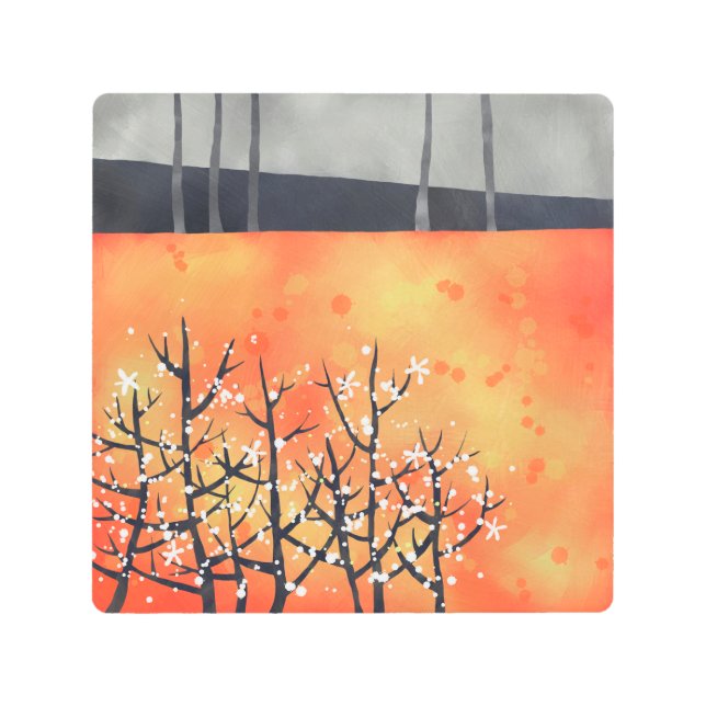 ブラックソーンブロッサム春ランドスケープサンゴ抽象芸術 メタルプリント (正面)